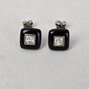 925 Sterling Silver Square Black Enamel Stud Earrings